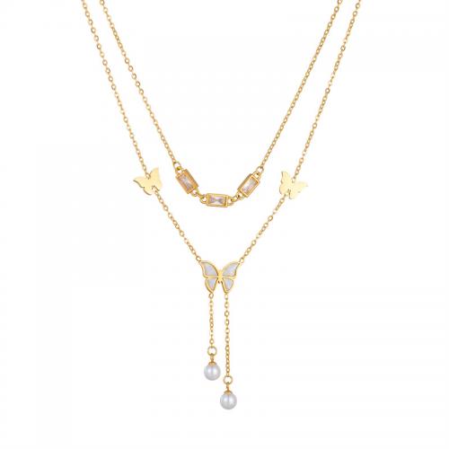 Edelstahl Schmuck Halskette, 304 Edelstahl, mit Strass & Kunststoff Perlen, Doppelschicht & Modeschmuck & für Frau, goldfarben, verkauft von PC