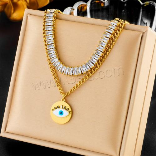 Evil Eye Jewelry Necklace, 304 Stainless Steel, Double Layer & fashion jewelry & for woman & with rhinestone, golden 