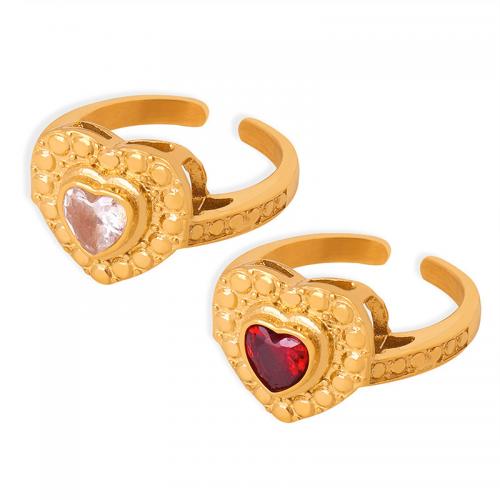 Titanium Steel Cuff Finger Ring, Heart, gold color plated, for woman & with cubic zirconia US Ring 