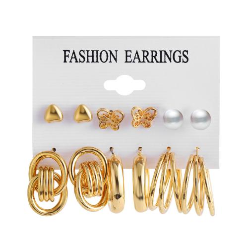 Zinc Alloy Earring Set, with Plastic Pearl, gold color plated, fashion jewelry & for woman & hollow 