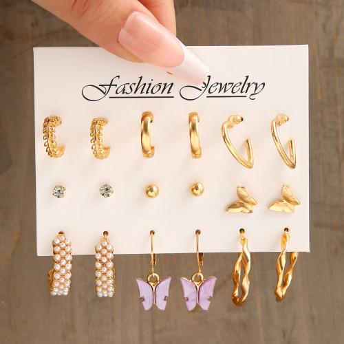 Zinc Alloy Earring Set, with Resin & Plastic Pearl, gold color plated, fashion jewelry & for woman & with rhinestone 