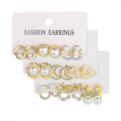 Zinc Alloy Earring Set, with Plastic Pearl, gold color plated & for woman & enamel & with rhinestone, earring length 10-20mm 