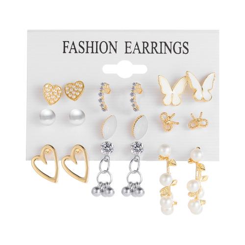 Zinc Alloy Earring Set, with Plastic Pearl, plated, for woman & enamel & with rhinestone 