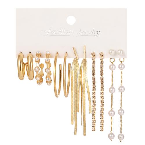 aleación de zinc Aretes, con Perlas plásticas, chapado en color dorado, para mujer & con diamantes de imitación, Vendido por Set