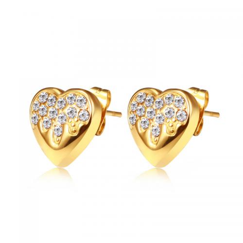 Titanium Steel Earrings, Heart, Vacuum Ion Plating, fashion jewelry & for woman & with rhinestone, golden, nickel, lead & cadmium free, 18mm 