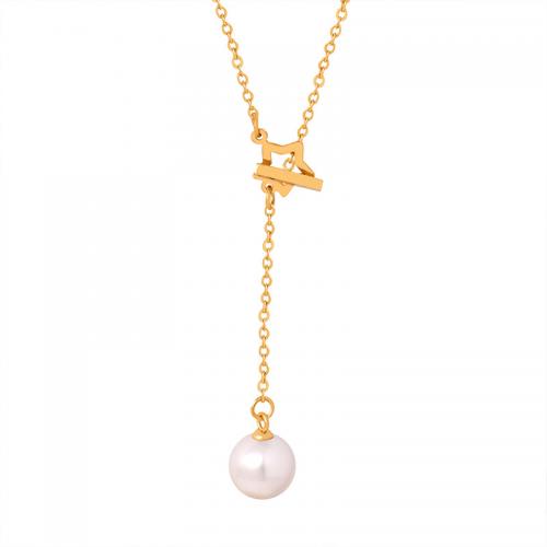 Titanium Steel Jewelry Necklace, with Shell Pearl, 18K gold plated, fashion jewelry & for woman, golden Approx 48 cm 