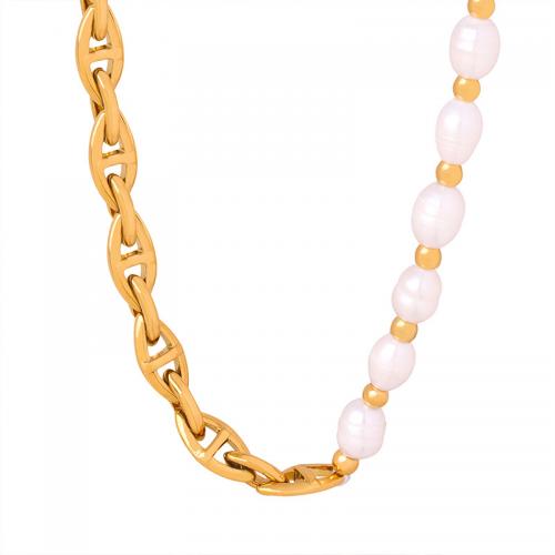 Collar de la joyería de titanio, Partículas de acero, con Perlas cultivadas de agua dulce, para mujer, dorado, 7mm, longitud:aproximado 47 cm, Vendido por UD