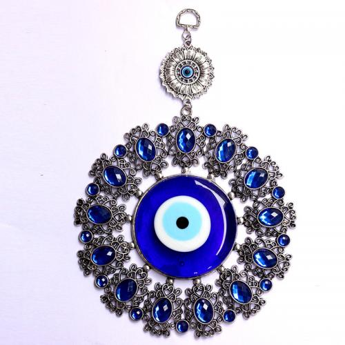 Zinc Alloy Hanging Ornaments, with Lampwork, Flower, silver color plated, evil eye pattern & with rhinestone, blue 
