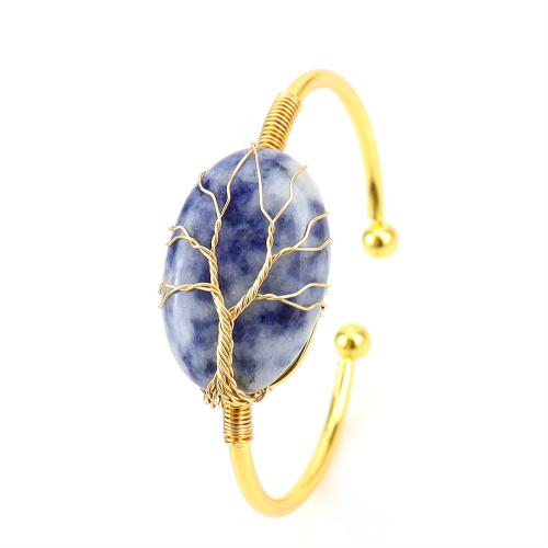 Gemstone Bangle, Brass, with Natural Stone & Zinc Alloy, Oval, KC gold color plated, fashion jewelry & for woman Approx 16 cm [