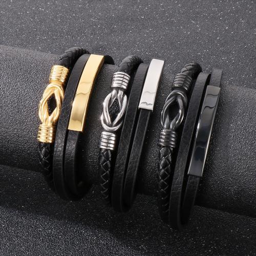 PU Leather Cord Bracelets, Faux Leather, with 304 Stainless Steel, plated, three layers & fashion jewelry & for man Approx 210 mm 
