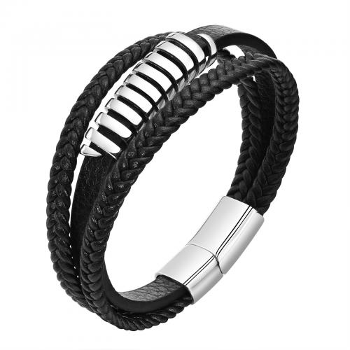 PU Leather Cord Bracelets, 304 Stainless Steel, with PU Leather, plated, three layers & fashion jewelry & for man, black Approx 21 cm 