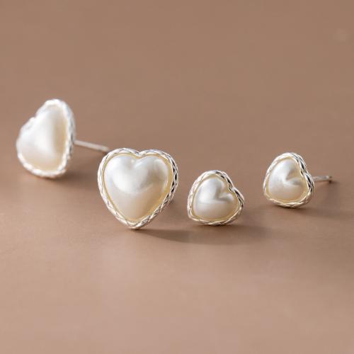 Sterling Silver Stud Earring, 925 Sterling Silver, with Plastic Pearl, Heart, plated & for woman, silver color 