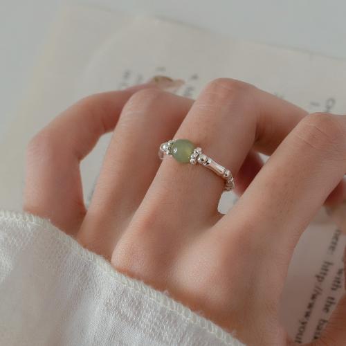 Sterling Silver Finger Ring, 925 Sterling Silver, with Hetian Jade & Elastic Thread, plated, for woman, silver color, US Ring 