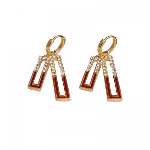 Zinc Alloy Huggie Hoop Drop Earring, Rectangle, gold color plated, for woman & enamel & with rhinestone & hollow 