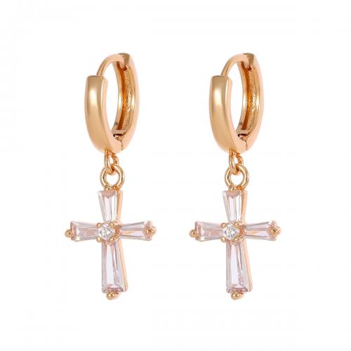 Cubic Zircon Brass Earring, with Cubic Zirconia, Cross, gold color plated, fashion jewelry & for woman, clear 