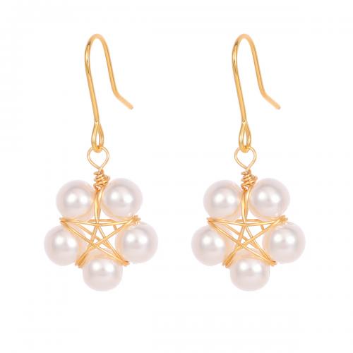 Brass Drop Earring, with Plastic Pearl, Flower, gold color plated, fashion jewelry & for woman, white 