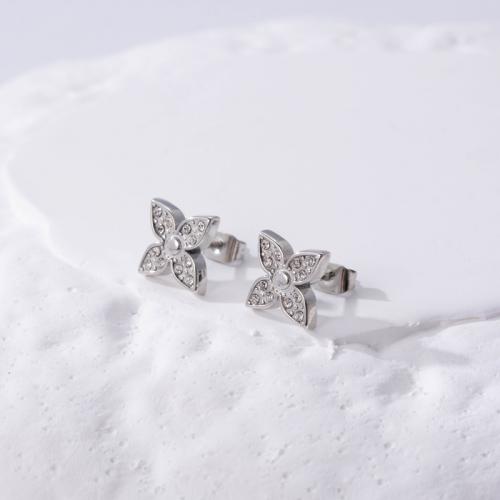 Titanium Steel Earrings, Four Leaf Clover, Vacuum Ion Plating, fashion jewelry & micro pave cubic zirconia & for woman 