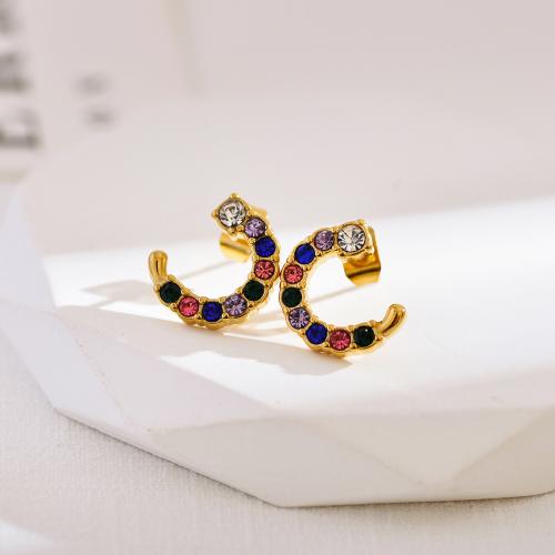 Stainless Steel Rhinestone Stud Earring, 304 Stainless Steel, Letter C, plated, fashion jewelry & for woman & with rhinestone 