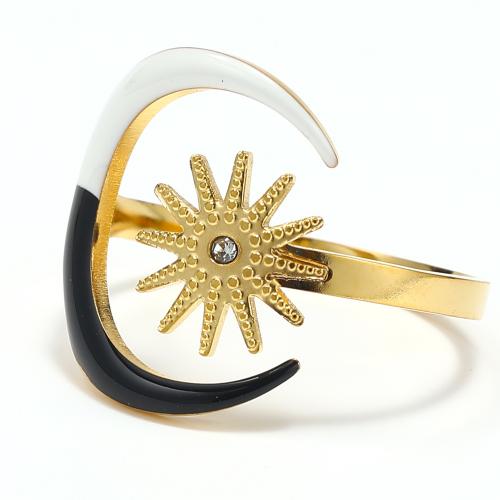 Titanium Steel Finger Ring, for woman & enamel & with rhinestone, golden 