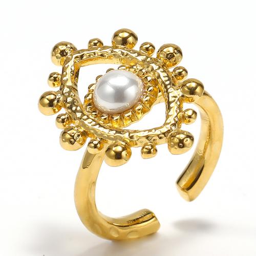 Anillo de dedo de acero Titanium de, Partículas de acero, con Perlas plásticas, Joyería & para mujer, dorado, Vendido por UD