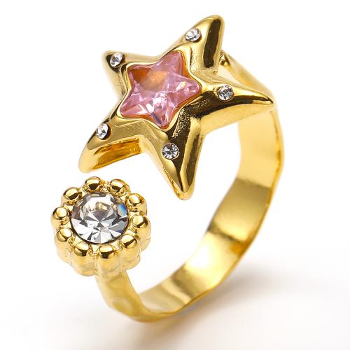 Титан Сталь палец кольцо, титан, Звезда, ювелирные изделия моды & инкрустированное микро кубического циркония & Женский, Золотой, продается PC