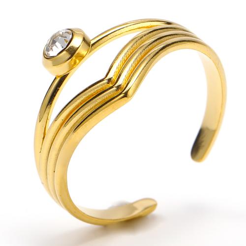 Titanium Steel Finger Ring, fashion jewelry & for woman & with rhinestone, golden 