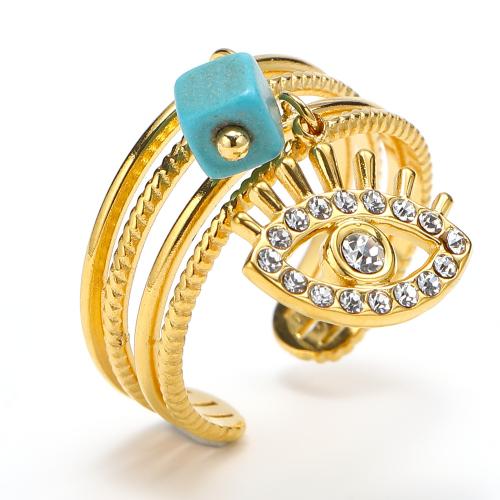 Titanium Steel Finger Ring, with turquoise, fashion jewelry & for woman & with rhinestone, golden 