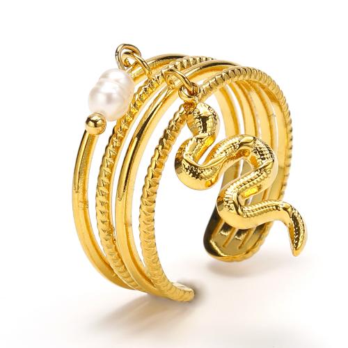Титан Сталь палец кольцо, титан, с Пластиковая жемчужина, ювелирные изделия моды & Женский, Золотой, продается PC