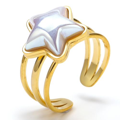 Titanium Steel Finger Ring, with Plastic Pearl, Star, fashion jewelry & for woman, golden 