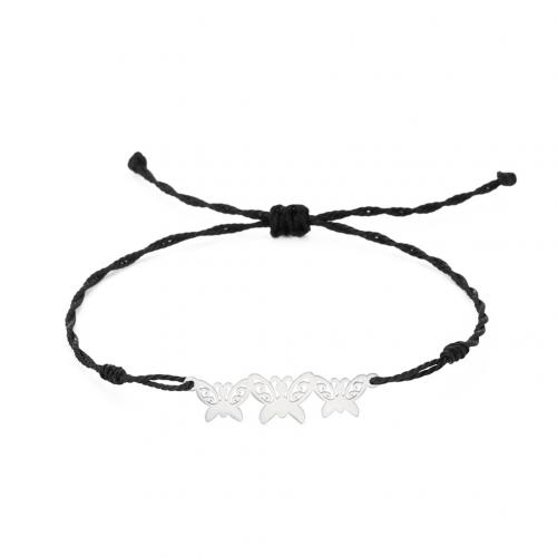 Mode créer Bracelets cordon de cire, corde de cire, avec Acier inoxydable 304, fleur, bijoux de mode & réglable & pour femme, noire Environ 16-26 cm, Vendu par PC