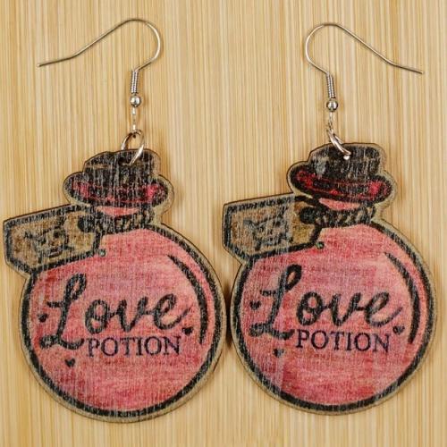 Wood Earring, Round, printing, for woman, pink 