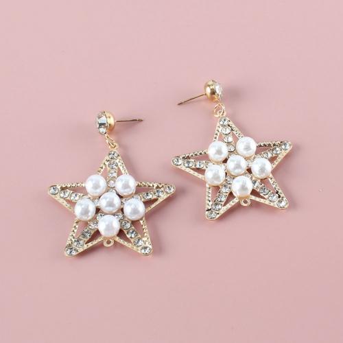 Plastic Pearl Zinc Alloy Earring, with Plastic Pearl, Star, plated, fashion jewelry & with rhinestone, golden 