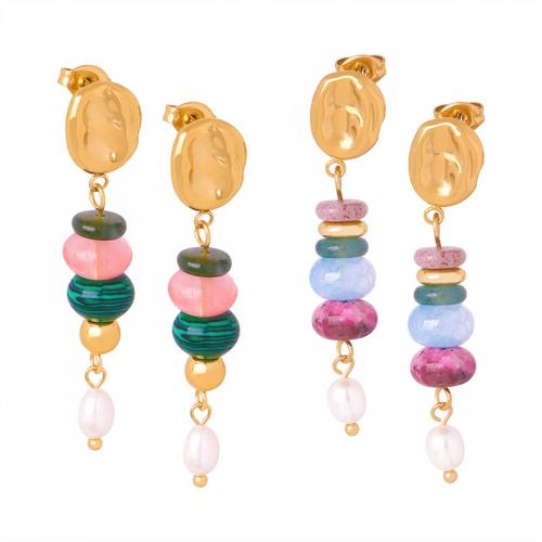 Titanium Steel Earrings, with Agate & Freshwater Pearl, gold color plated, fashion jewelry & for woman 