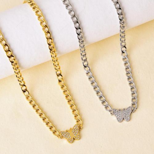Fashion Sweater Chain Necklace, Titanium Steel, with 5.5cm extender chain, Butterfly, plated, fashion jewelry & for woman & with rhinestone Approx 38.5 cm 