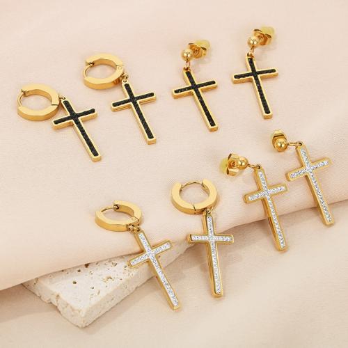 Titanium Steel Earrings, Cross, gold color plated, fashion jewelry & for woman & with rhinestone 