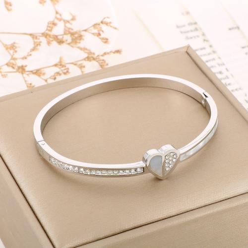 Stainless Steel Bangle, 304 Stainless Steel, with Shell, fashion jewelry & for woman & with rhinestone, gold, Inside x 