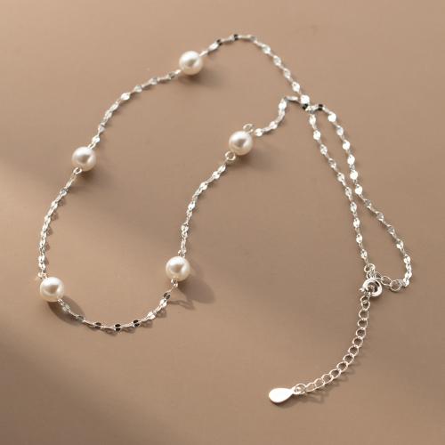Sterling Silver Jewelry Necklace, 925 Sterling Silver, with Plastic Pearl, with 6CM extender chain, plated, for woman, silver color Approx 40 cm 