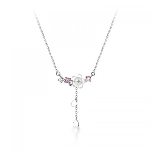 Cubic Zircon Micro Pave Sterling Silver Necklace, 925 Sterling Silver, with Shell, with 4.5CM extender chain, petals, plated, micro pave cubic zirconia & for woman, silver color Approx 41.5 cm 