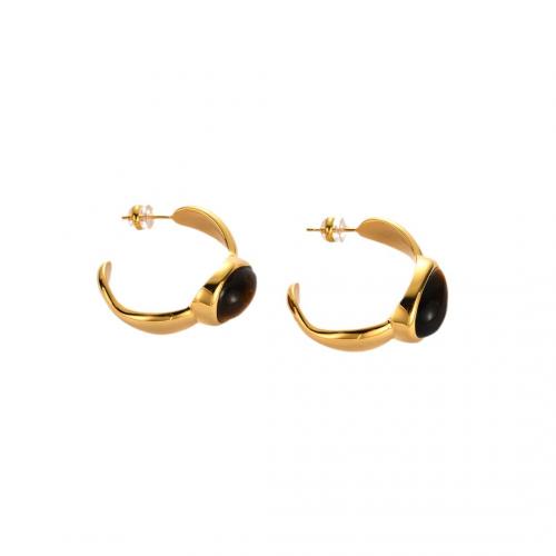 Gemstone Stud Earring, metal, con Ojo de tigre, chapado, para mujer, dorado, 28.6x6mm, Vendido por Par