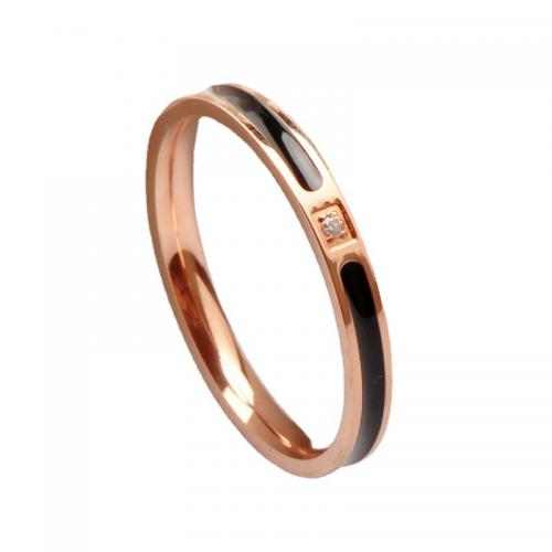 Titanium Steel Finger Ring, plated & micro pave cubic zirconia & for woman & enamel, rose gold color 