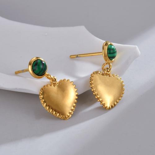Stainless Steel Drop Earring, 304 Stainless Steel, with Cubic Zirconia & Malachite, 18K gold plated, fashion jewelry & for woman 
