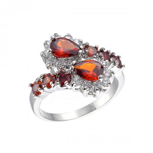 Cubic Zircon Brass Finger Ring, with Cubic Zirconia, platinum plated, fashion jewelry & for woman, garnet 