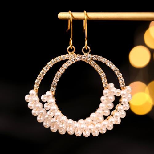 Brass Drop Earring, with Plastic Pearl, Donut, gold color plated, fashion jewelry & micro pave cubic zirconia & for woman & hollow, white 