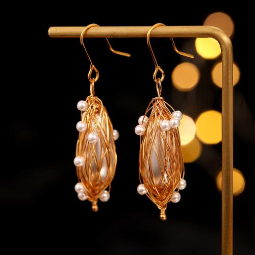 Brass Drop Earring, with Plastic Pearl, gold color plated, fashion jewelry & for woman, white 