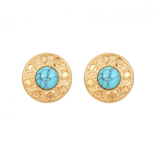 Stainless Steel Stud Earring, 304 Stainless Steel, with turquoise, 18K gold plated, fashion jewelry & for woman 
