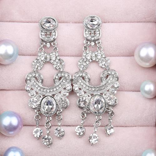 Zinc Alloy Rhinestone Drop Earring, silver color plated, for woman & with rhinestone 