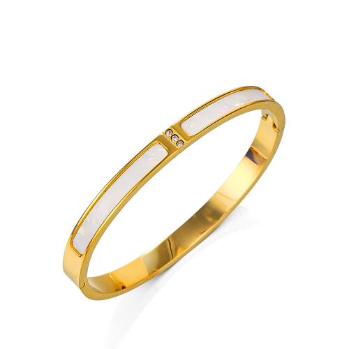 Stainless Steel Bangle, 304 Stainless Steel, with Shell, Donut, gold color plated, for woman & with rhinestone, white 