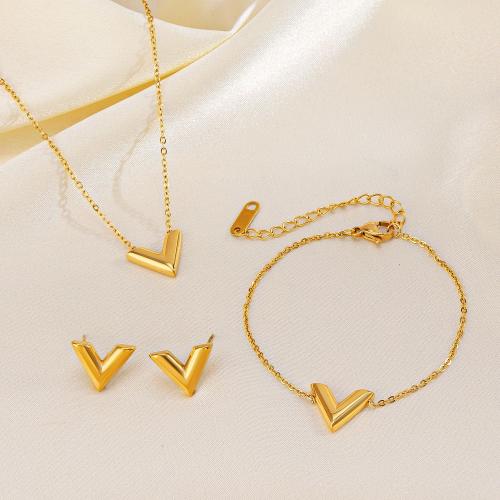 Fashion Stainless Steel Jewelry Sets, 304 Stainless Steel, Stud Earring & bracelet & necklace, Letter V, gold color plated & for woman 