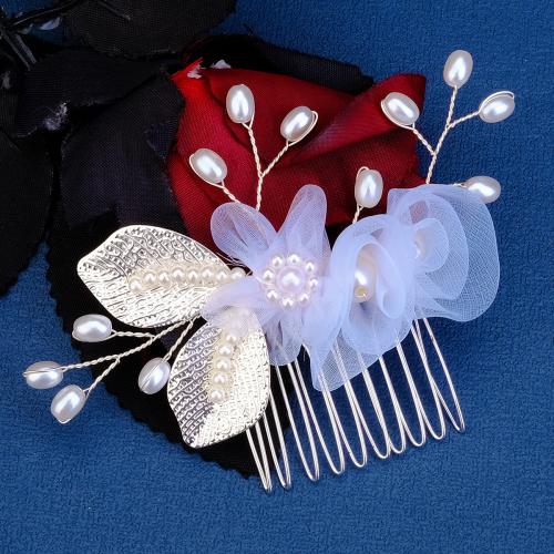 Decorative Hair Combs, Zinc Alloy, with Gauze & Plastic Pearl, Flower, plated, for woman, silver color 