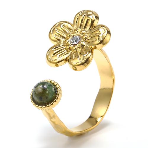 Titanium Steel Finger Ring, with Gemstone, Flower, fashion jewelry & for woman & with rhinestone, gold 